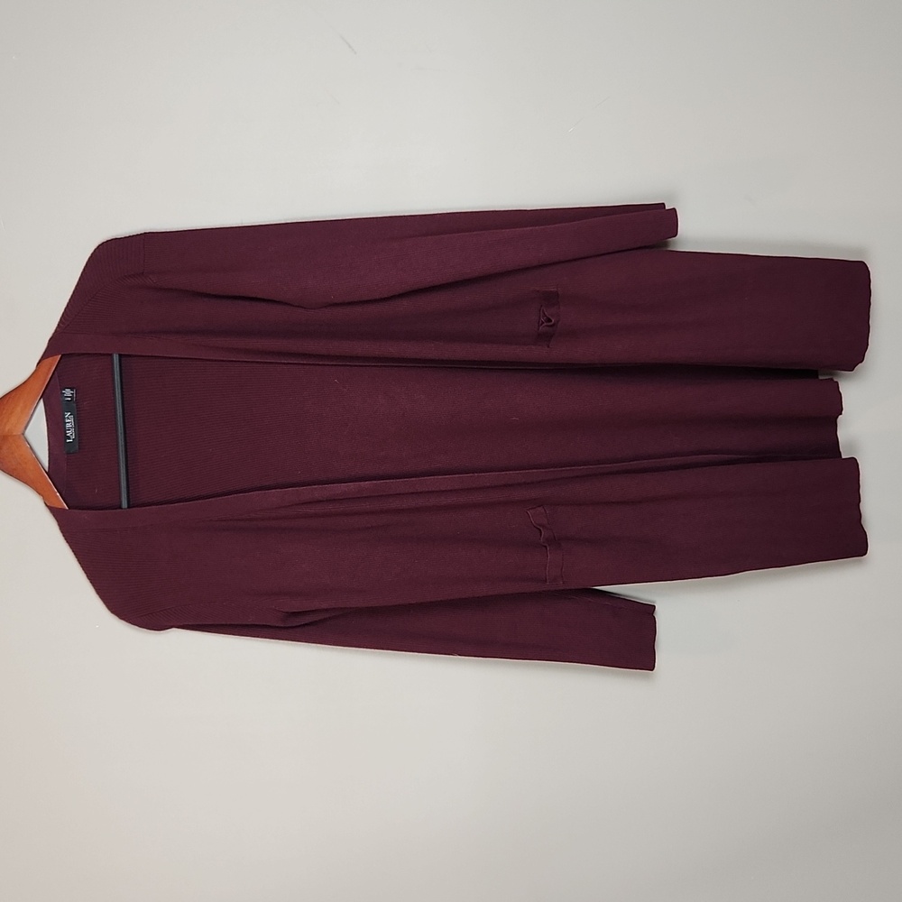 Ralph Lauren‎ Burgundy Open Front Longline Ribbed Cardigan Size Large - Picture 2 of 7